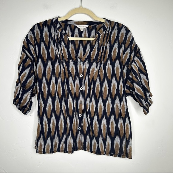 Garnet Hill Navy Tan Ikat Blouse Top 100% Cotton Puff Sleeve Size Small Fall - Picture 1 of 12